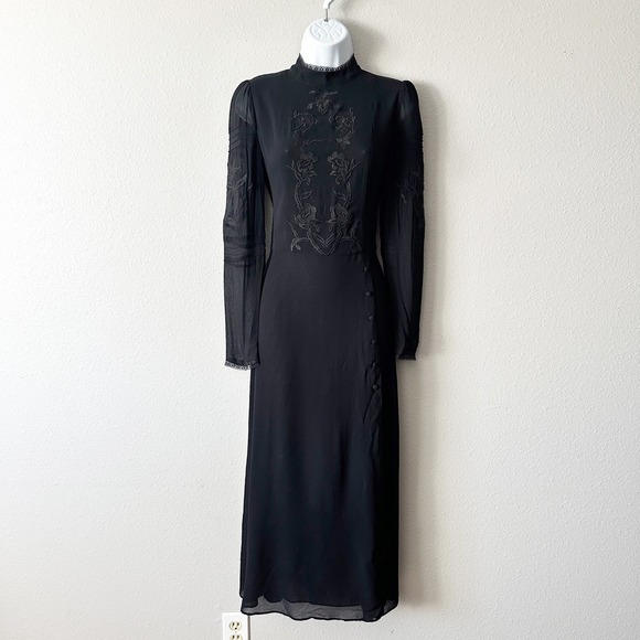 Reformation Adelia Black Mock Neck European Gothic Dark Boho Midi Dress Size 6 - Picture 2 of 11